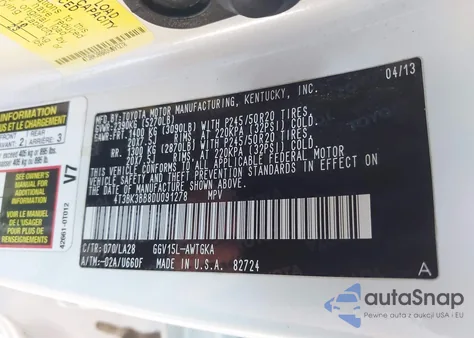 2013 Toyota Venza Xle V6 из США, поврежденный, VIN 4T3BK3BB8DU091278